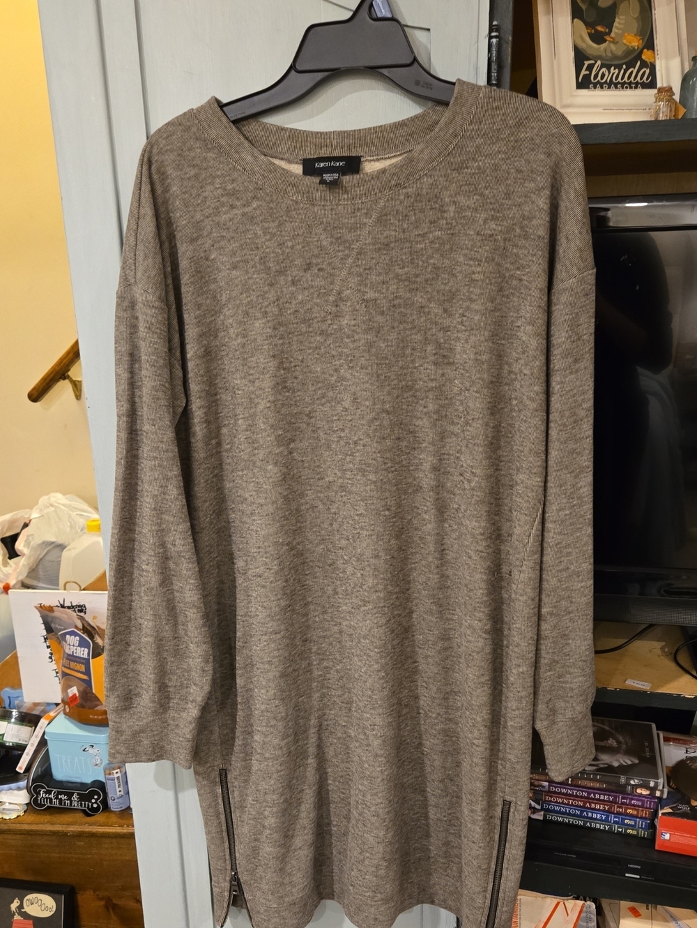 Karen Kane  Womens Long Sleeve Crewneck Sweat Shirt Dress/Tunic - Taupe/Brown